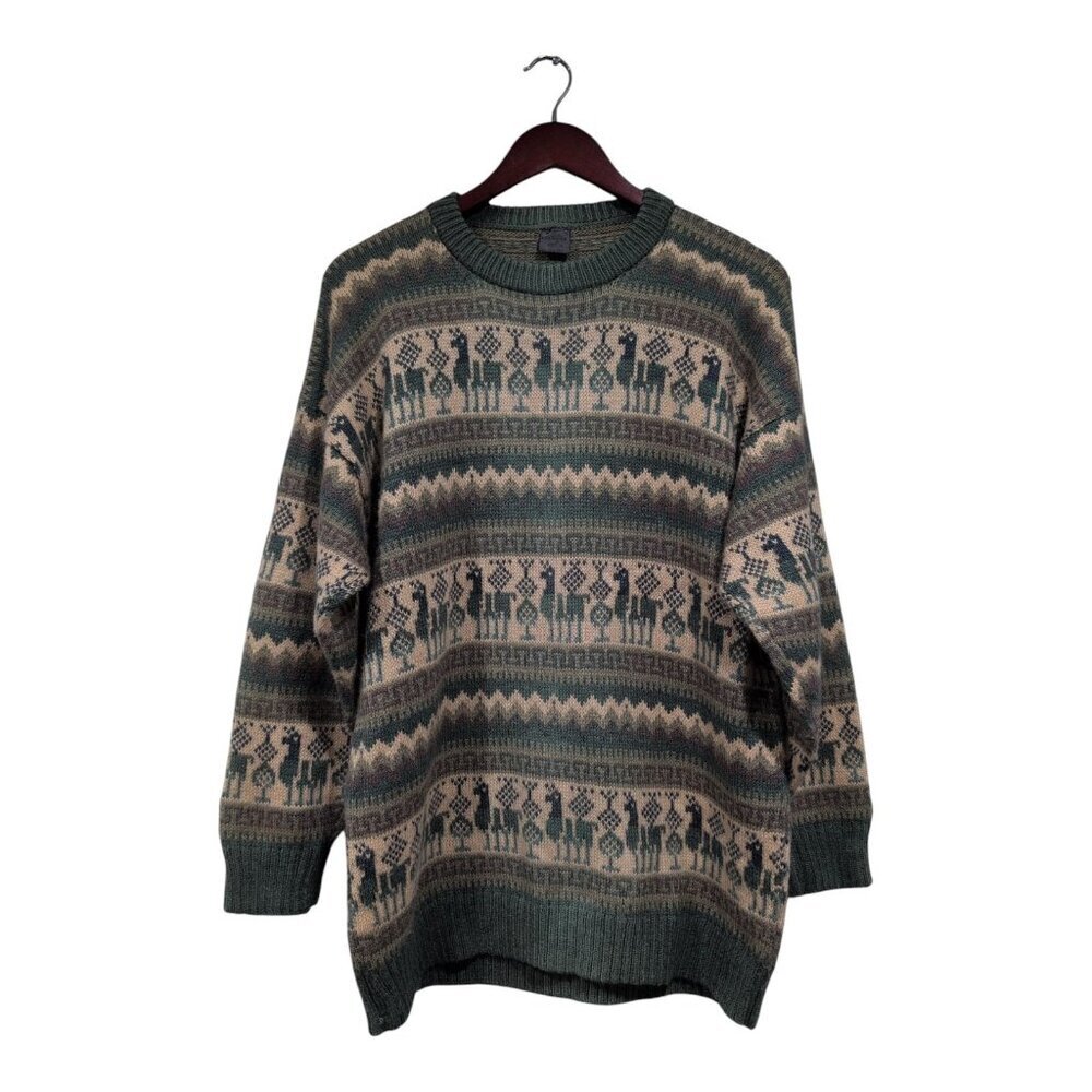 ARTESANIAS Los Incas Alpaca Sweater Pullover Green Tan Striped Long Sleeve Sz M?